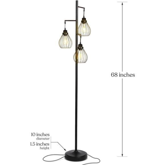 LED Floor Lamp – Tree Standing Lamp with 3 Elegant Cage Heads & Edison Bulbs - Picture 5 of 6
